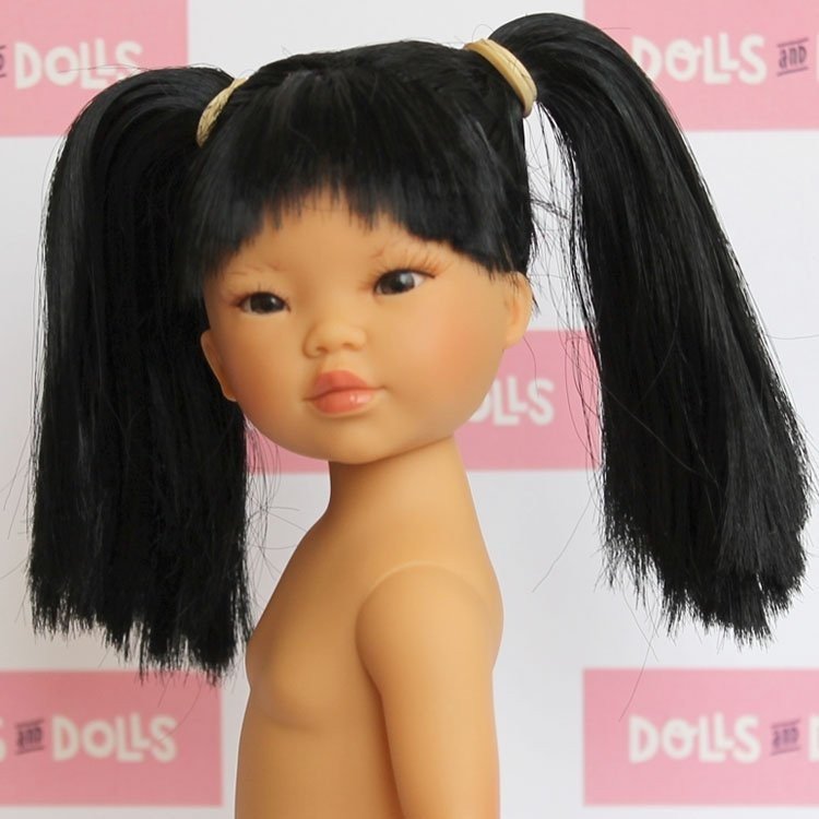 Vestida de Azul Puppe 28 cm - Los Amigos de Carlota - Umi schwarzes Haar mit Zöpfen ohne Kleidung