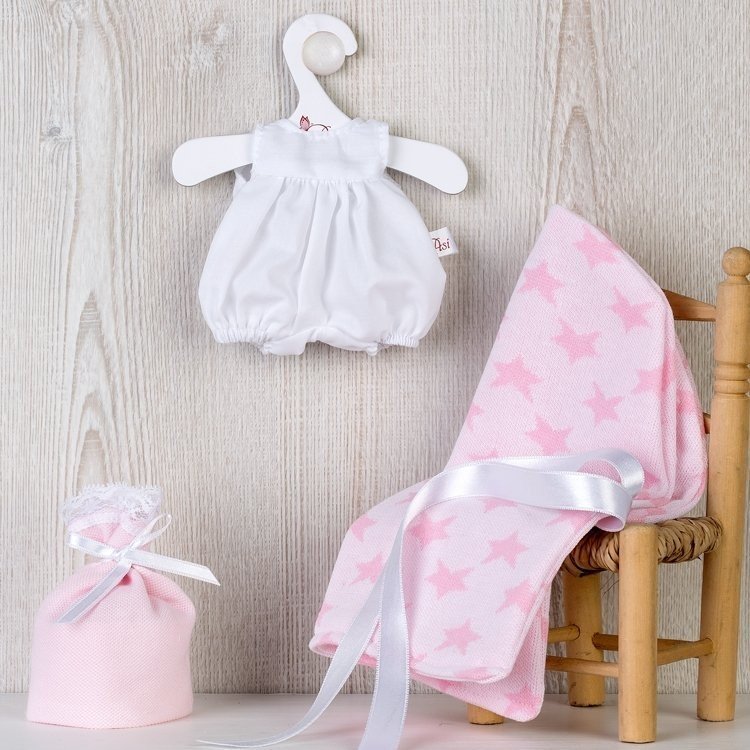 Outfit für Así-Puppe 20 cm - Weißer Strampler und rosa Sterne Decke für Bomboncín-Puppe