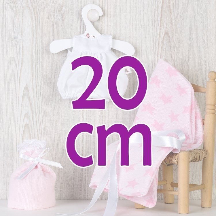 Outfit für Así-Puppe 20 cm - Weißer Strampler und rosa Sterne Decke für Bomboncín-Puppe
