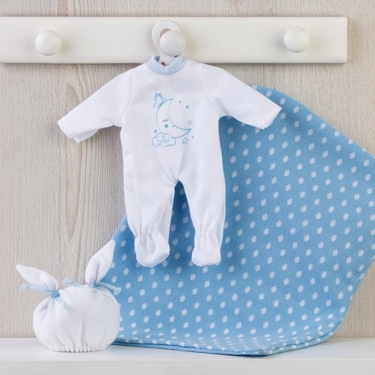 Outfit für Así Puppe 28 cm - Schlafender Mond Pyjama in Blau für Gordi Puppe