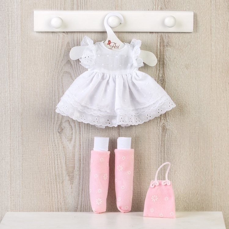 Outfit für Así-Puppe 40 cm - Weißes Kleid, Stulpen, Stoffstiefel und rosa Tasche für Sabrina-Puppe