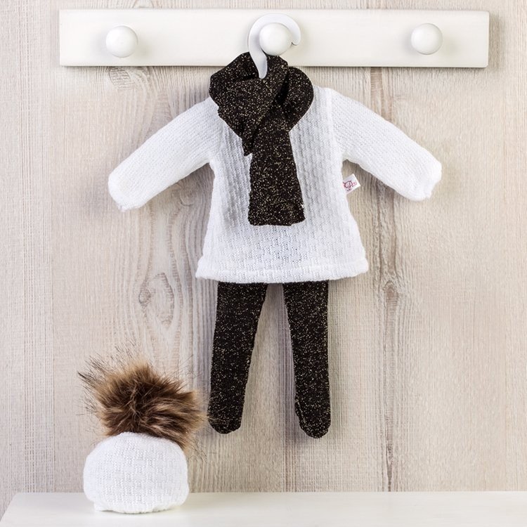 Outfit für Así-Puppe 40 cm - Weißes Strickkleid und Mütze mit schwarzem Trikot und Schal für Sabrina-Puppe