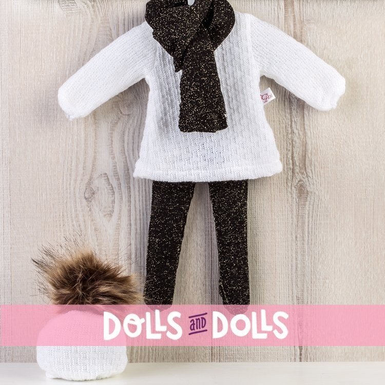 Outfit für Así-Puppe 40 cm - Weißes Strickkleid und Mütze mit schwarzem Trikot und Schal für Sabrina-Puppe