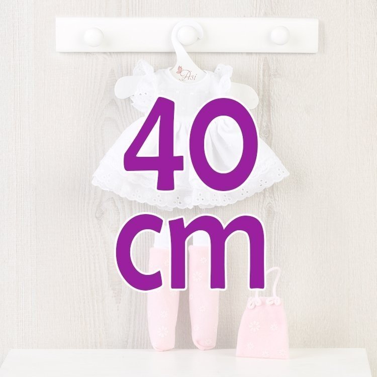 Outfit für Así-Puppe 40 cm - Weißes Kleid, Stulpen, Stoffstiefel und rosa Tasche für Sabrina-Puppe