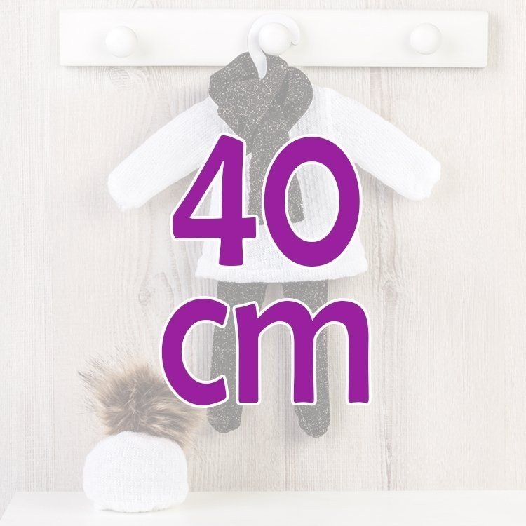Outfit für Así-Puppe 40 cm - Weißes Strickkleid und Mütze mit schwarzem Trikot und Schal für Sabrina-Puppe