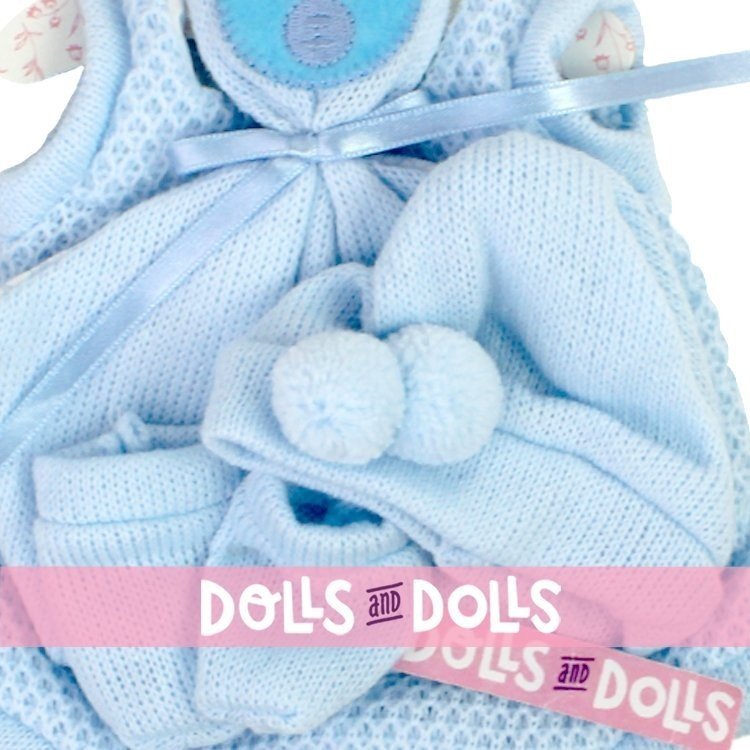 Kleidung für Llorens Puppen 35 cm - Blaues Outfit mit Strampler, Hut, Stiefeletten und Doudou