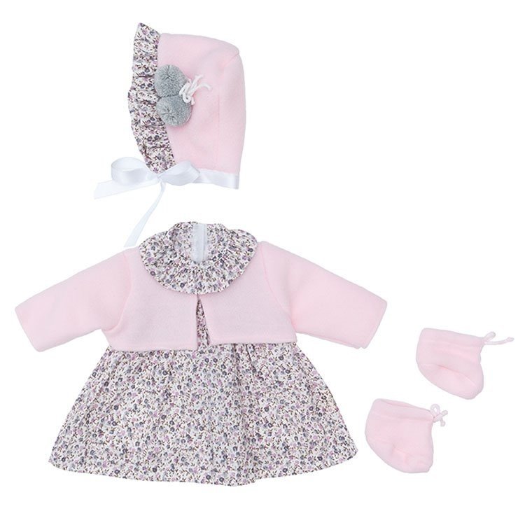 Outfit für Así Puppe 46 cm - Graues Blumenkleid mit rosa Jacke mit Hut und Stiefeletten für Leo
