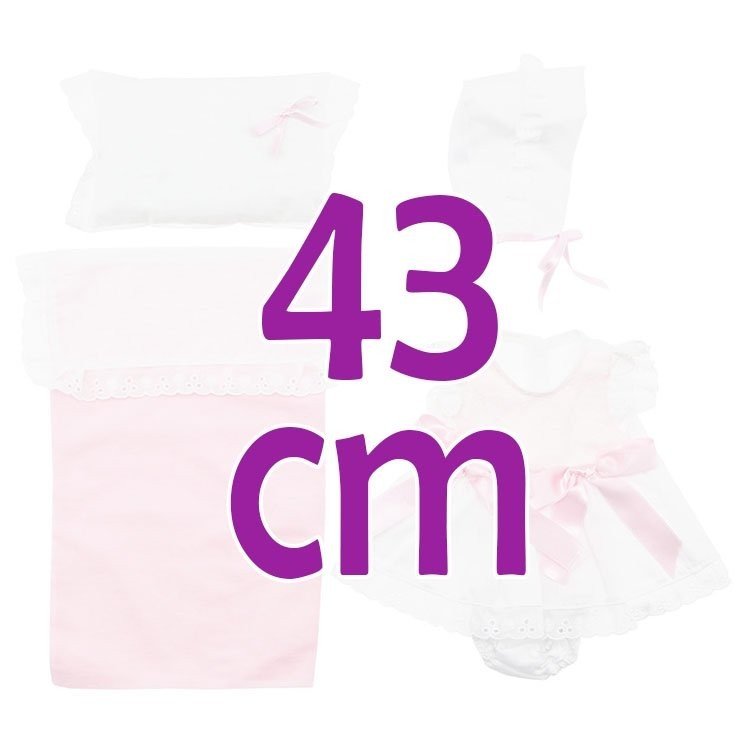 Outfit für Así-Puppe 43 cm - Weißes und rosafarbenes Kleid, Hut, Höschen und Kinderbett-Set für Maria-Puppe