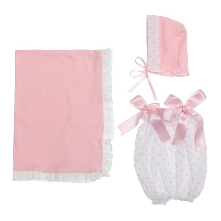 Outfit für Así-Puppe - Weißer Strampler mit rosa Sternen, Hut und Decke für Maria-Puppe 43 cm