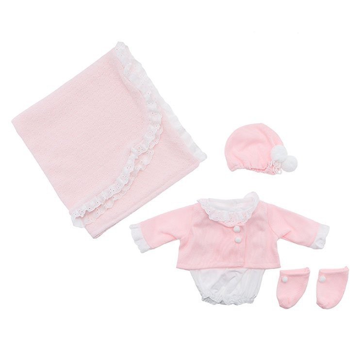 Outfit für Así-Puppe 43 cm - Weißer Strampler und rosa Jacke, Hut, Stiefeletten und Decke für Maria-Puppe