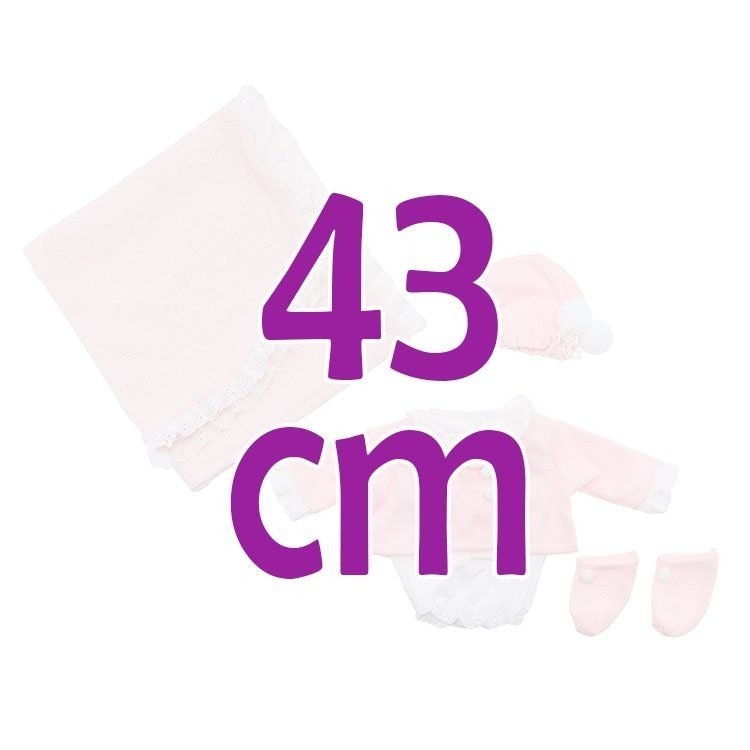 Outfit für Así-Puppe 43 cm - Weißer Strampler und rosa Jacke, Hut, Stiefeletten und Decke für Maria-Puppe