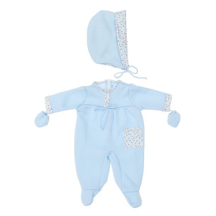Outfit für Así Puppe 46 cm - Hellblauer Strampler mit Tasche mit Blumendruck, Fäustlinge und Hut für Leo