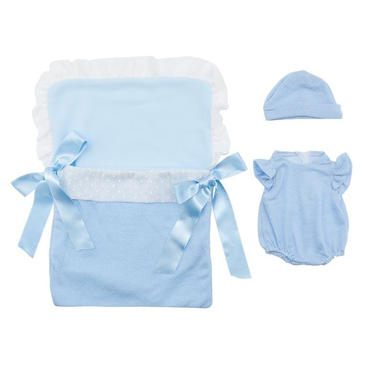 Outfit für Así-Puppe 43 cm - Blauer Körper, Hut und hellblauer Schlafsack mit weißem Plumeti für Pablo-Puppe