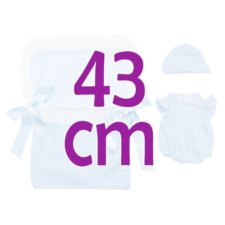 Outfit für Así-Puppe 43 cm - Blauer Körper, Hut und hellblauer Schlafsack mit weißem Plumeti für Pablo-Puppe