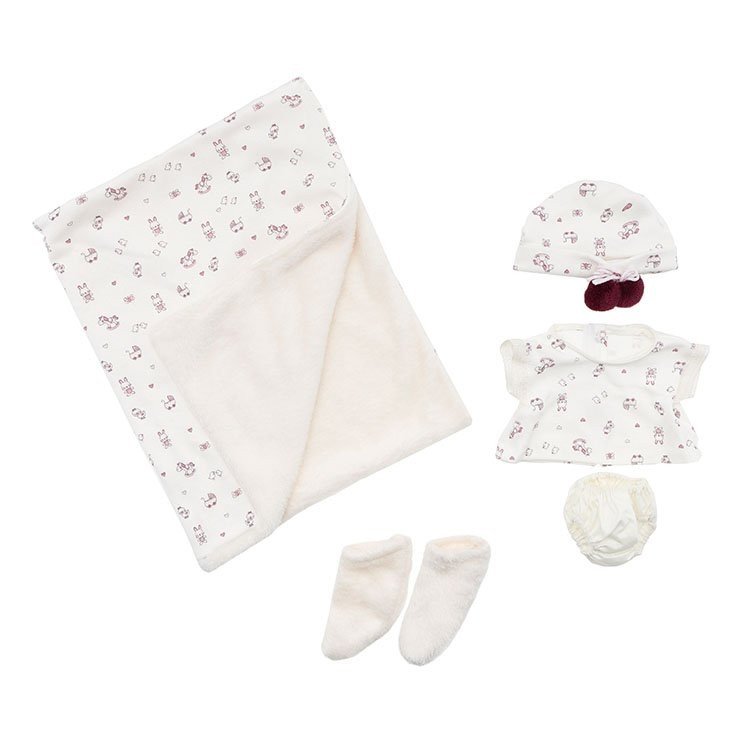 Así Puppen-Outfit - Beige gestricktes Set mit Mütze, Stiefeletten und Polardecke für Pablo-Puppe 43 cm