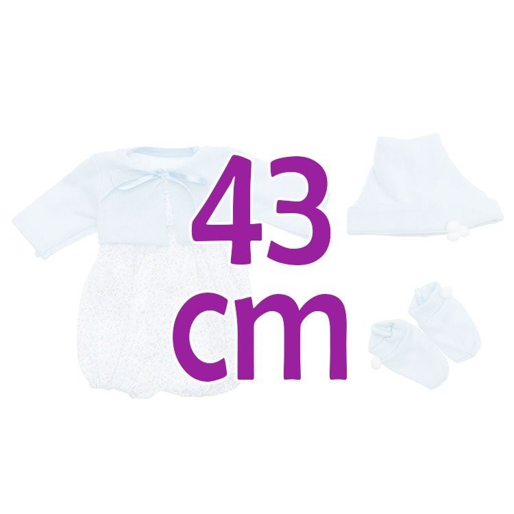 Outfit für Así Puppe - Blumen hellblauer Strampler mit Jacke, Stiefeletten und Hut, für Pablo Puppe 43 cm