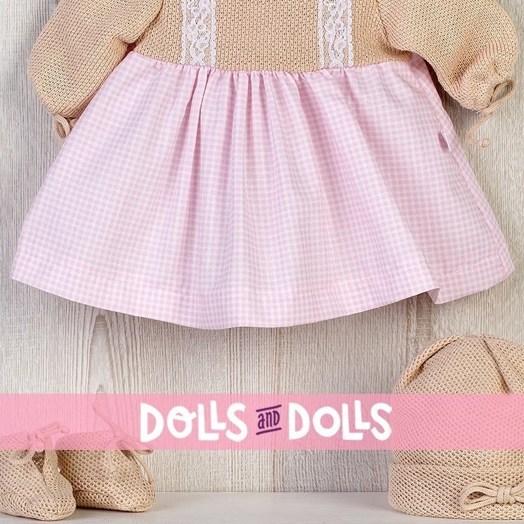Outfit für Así Puppe 46 cm - Strickkleid mit rosa Karos mit Mütze und Stiefeletten für Leo