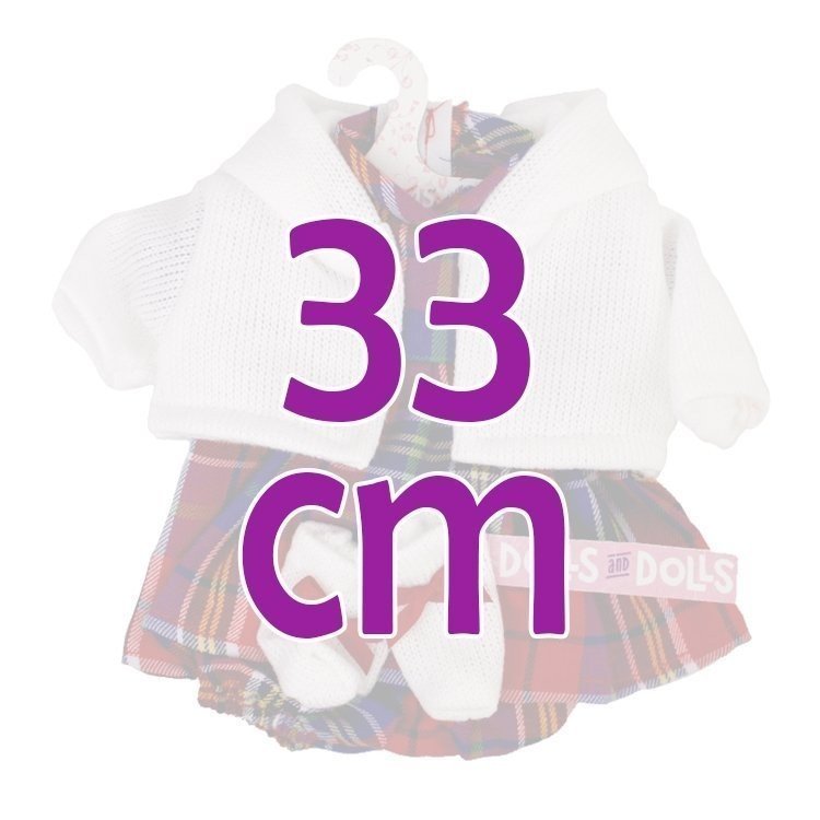 Kleidung für Llorens Puppen 33 cm - Quadrate bedrucktes Outfit mit weißer Jacke und Stiefeletten