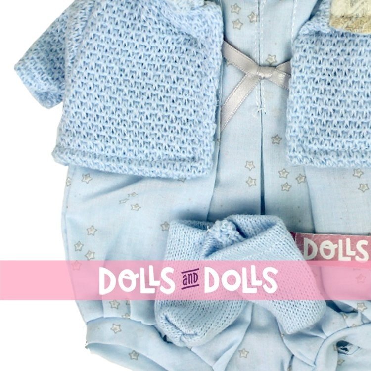 Kleidung für Llorens-Puppen 33 cm - Outfit mit blauen Sternen bedruckt mit Jacke und Stiefeletten