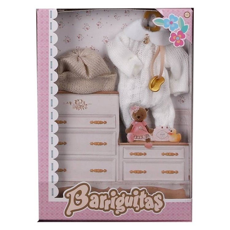 Zubehör für Barriguitas Classic Puppe 15 cm - Kleidung auf Kleiderbügel - Weißes Outfit mit beigem Hut