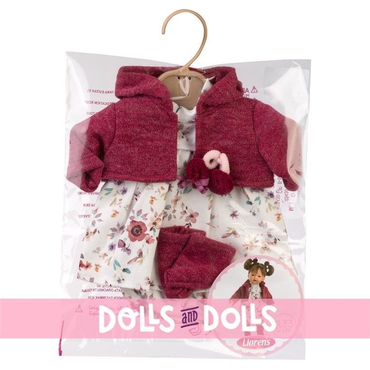 Kleidung für Llorens Puppen 33 cm - Blumenkleid mit kastanienbrauner Jacke