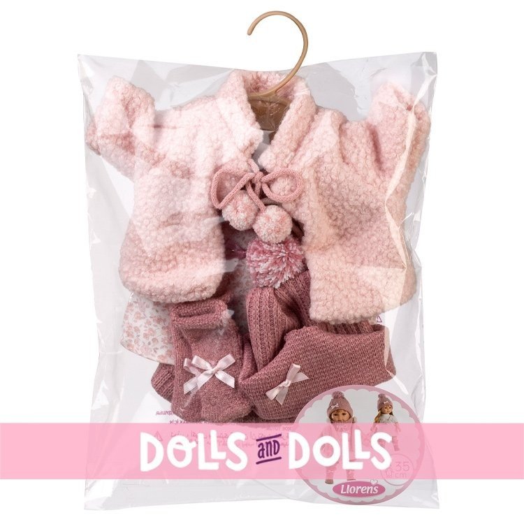 Kleidung für Llorens Puppen 35 cm - Blumenkleid mit rosa Jacke und fuchsiafarbenem Hut und Schal