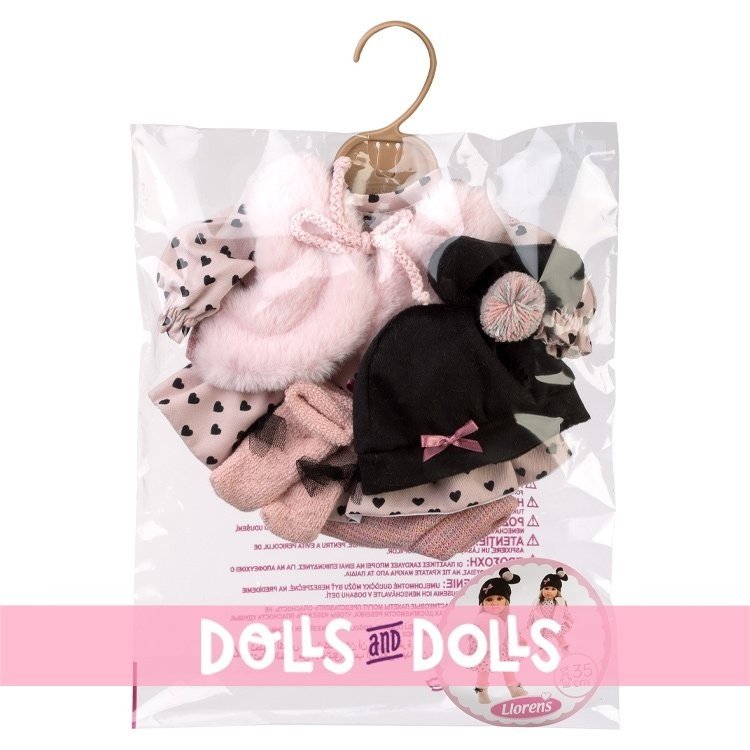 Kleidung für Llorens Puppen 35 cm - Schwarzes Herz-Set mit rosa Weste, rosa Socken und schwarzer Mütze