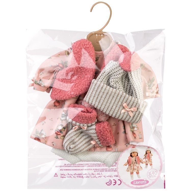 Kleidung für Llorens Puppen 40 cm - Rosa geblümtes Kleid mit Weste, Hut und Socken