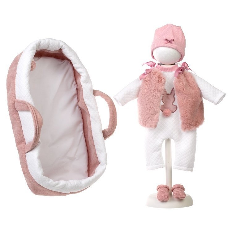 Kleidung für Llorens Puppen 42 cm - Rosa Babytragetasche, Häschen-Pyjama, weiche Weste, Mütze und Füßchen