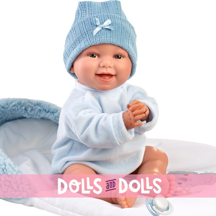 Llorens Puppe 38 cm - Liam lächelt mit einem hellblauen Schlafsack
