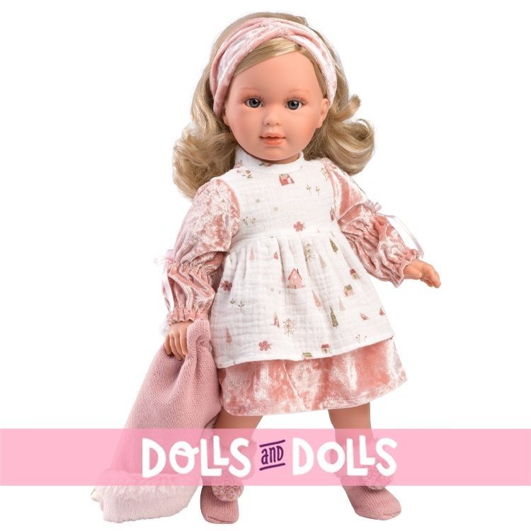 Llorens Puppe 40 cm - Lucia in einem Kleid mit Weihnachtsmotiv und Kapuze