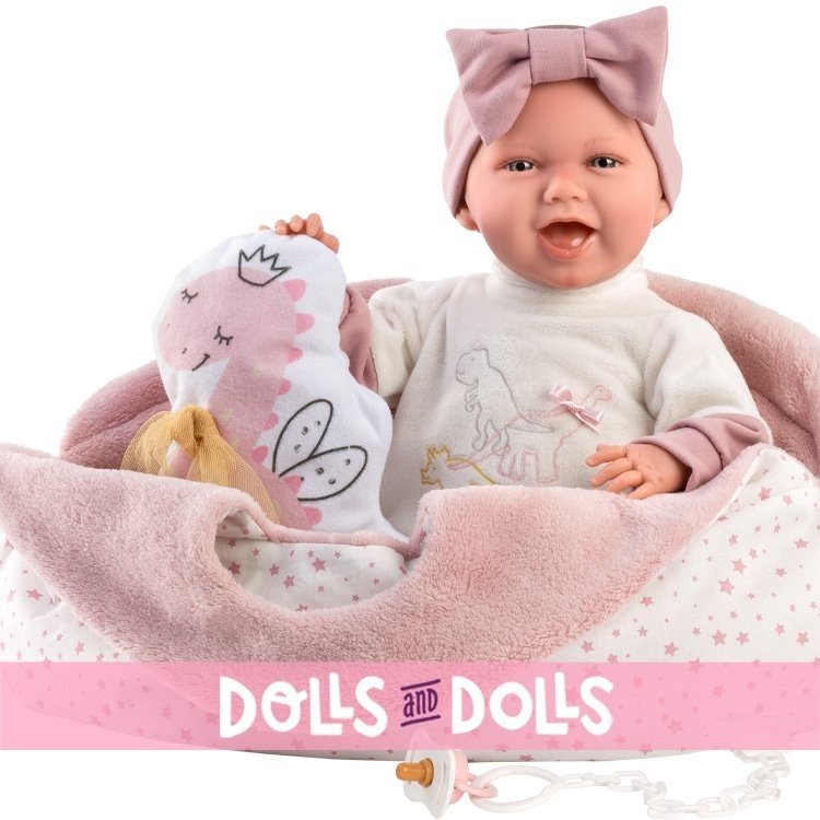 Llorens Puppe 40 cm - Neugeborene Mimi lächelt mit Dino-Tragetasche