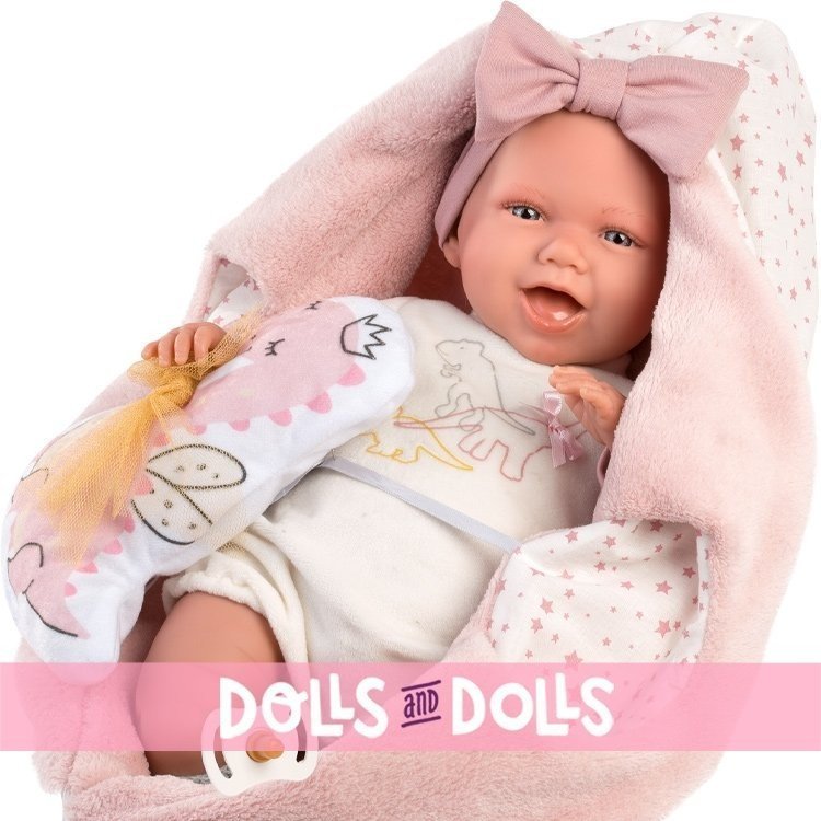Llorens Puppe 40 cm - Neugeborene Mimi lächelt mit Dino-Tragetasche