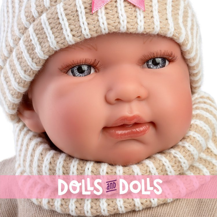 Llorens Puppe 44 cm - Weinendes Tina Neugeborenes mit einem beigen Body mit Fuchsmuster