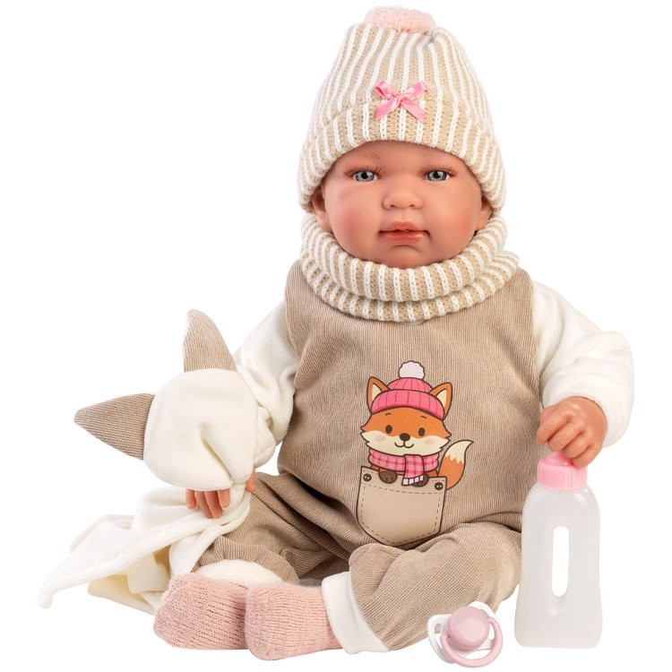 Llorens Puppe 44 cm - Weinendes Tina Neugeborenes mit einem beigen Body mit Fuchsmuster