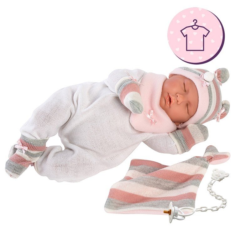 Kleidung für Llorens Puppen 42 cm - Weißes Strampler-Set mit Mütze, Stiefeletten, Fäustlingen, Schal, Dou-Dou und Babytrage