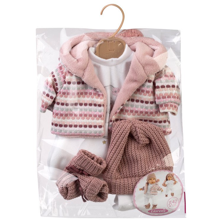 Kleidung für Llorens Puppen 42 cm - Bodysuit mit Elefantenmuster und rosa Jacke und Mütze