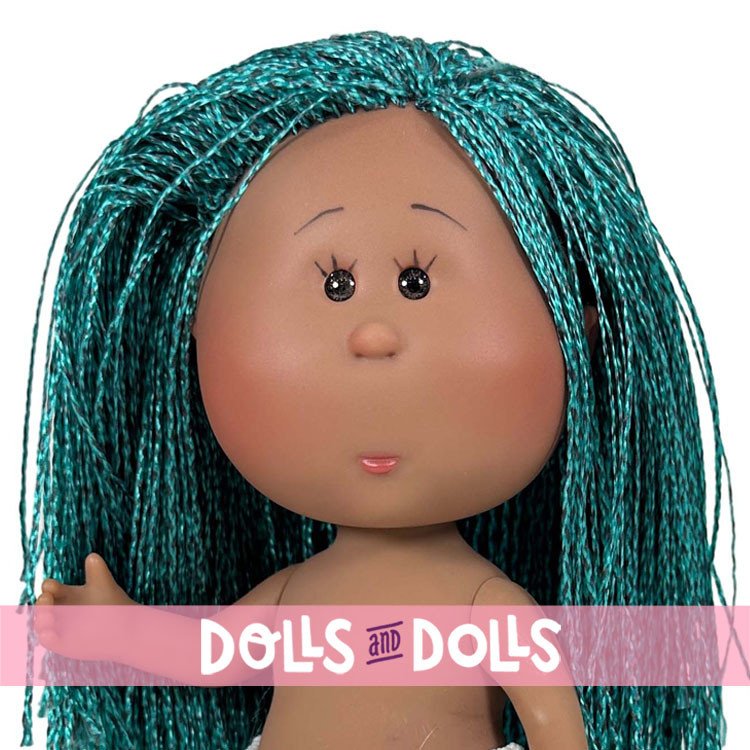 Nines d'Onil Puppe 23 cm - Little Mia mit blauem Afro-Haar und braunen Augen - Ohne Kleidung