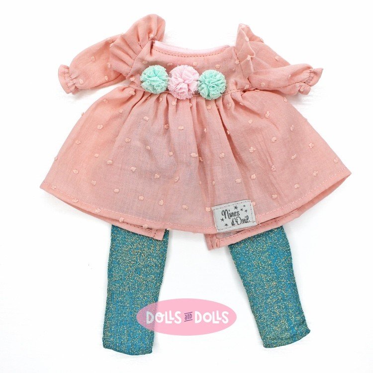 Kleidung für Nines d'Onil Puppen 30 cm - Mia - Rosafarbenes Kleid mit Bommeln und Strümpfen