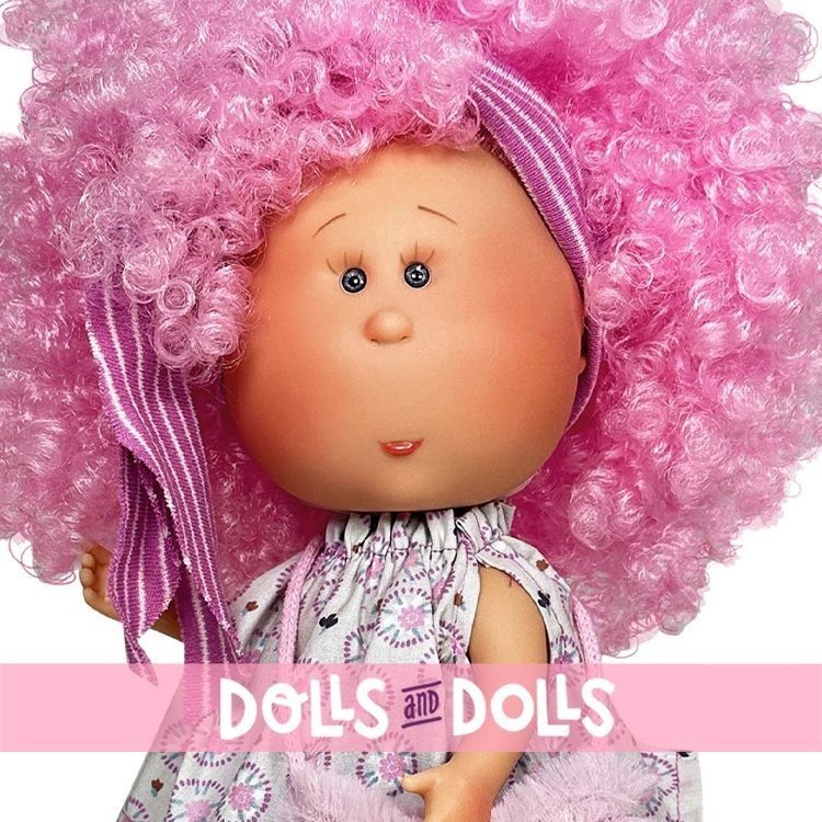 Nines d'Onil Puppe 23 cm - Little Mia mit lockigem rosa Haar und Blumenkleid