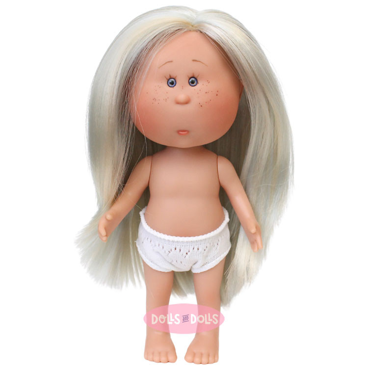 Nines d'Onil Puppe 23 cm - Little Mia mit glattem, grauem Haar mit Strähnchen und violetten Augen - Ohne Kleidung