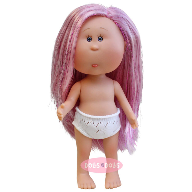 Nines d'Onil Puppe 23 cm - Little Mia mit rosa Haaren mit violetten Glanz - Ohne Kleidung