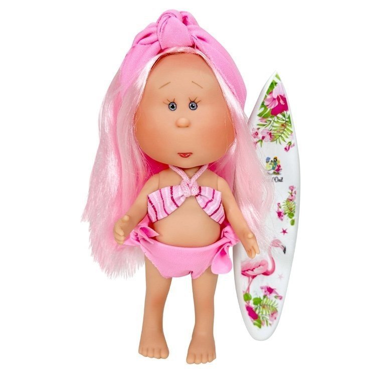 Nines d'Onil Puppe 23 cm - Little Mia summer mit rosa Haar, Haarband und Badeanzung