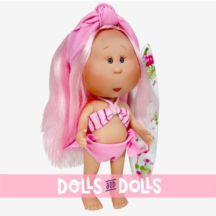 Nines d'Onil Puppe 23 cm - Little Mia summer mit rosa Haar, Haarband und Badeanzung