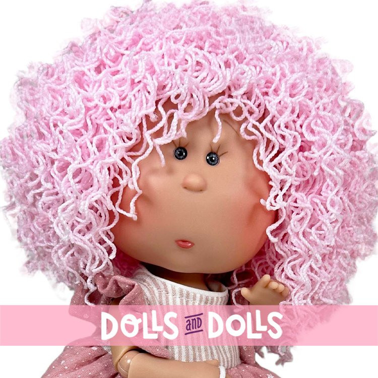 Nines d'Onil Puppe 30 cm - GELENKTE Mia mit rosa Wollhaar mit Maskottchen
