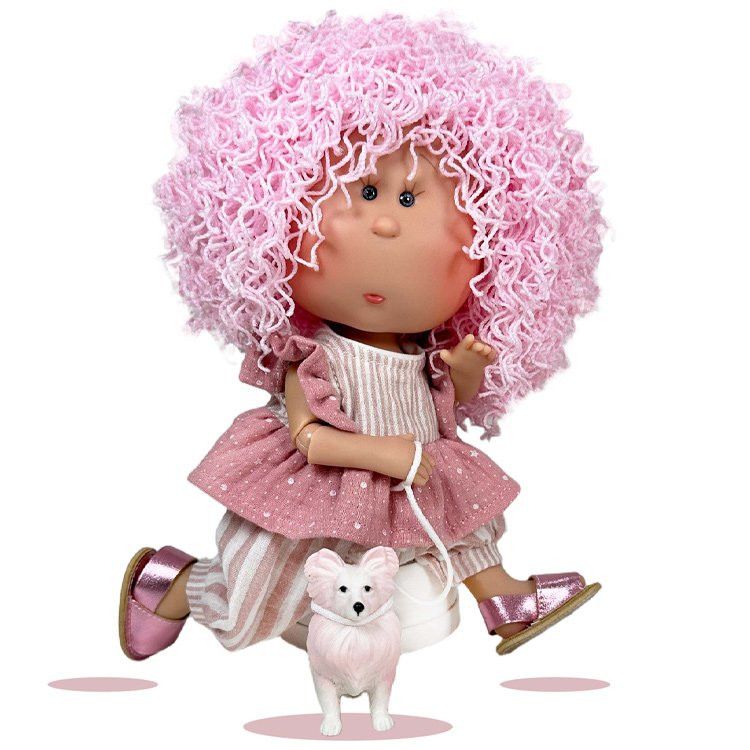 Nines d'Onil Puppe 30 cm - GELENKTE Mia mit rosa Wollhaar mit Maskottchen