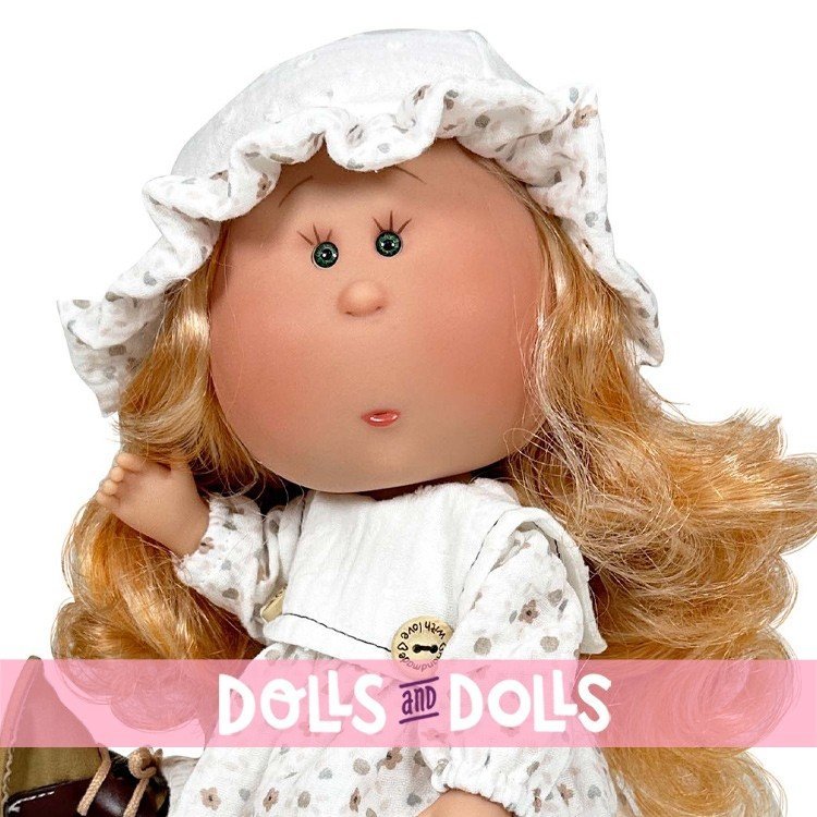 Nines d'Onil Puppe 30 cm - GELENKTE Mia - mit orangefarbenem Haar mit bedrucktem Kleid und Hut