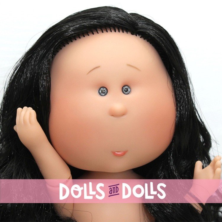 Nines d'Onil Puppe 30 cm - GELENKTE Mia - Mia mit schwarzem gewelltem Haar - Ohne Kleidung