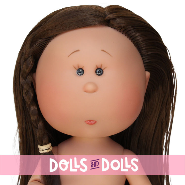 Nines d'Onil Puppe 30 cm - GELENKTE Mia - Mia mit glattem, braunem Haar und einem Zopf - Ohne Kleidung