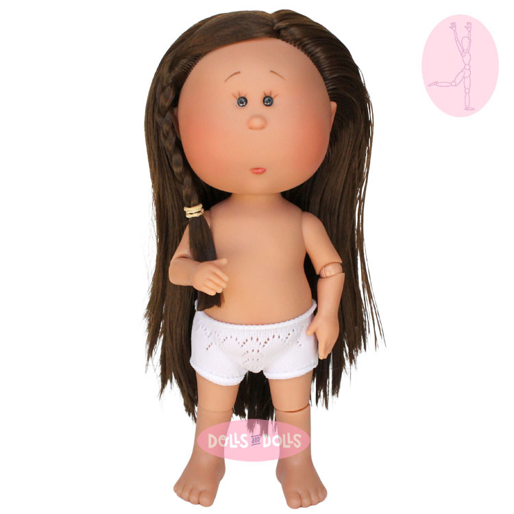 Nines d'Onil Puppe 30 cm - GELENKTE Mia - Mia mit glattem, braunem Haar und einem Zopf - Ohne Kleidung